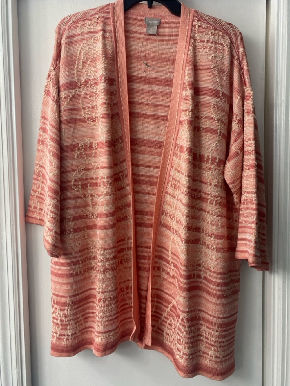 Chico's Peach and Coral Open-Front Knit Cardigan